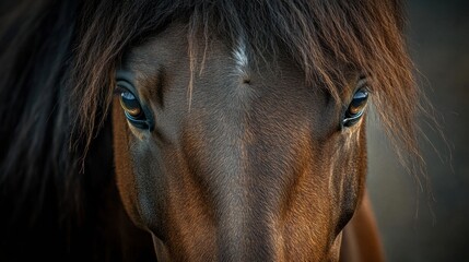 Close up view of a horse showcasing its expressive eyes and beautiful features in natural light. Generative AI