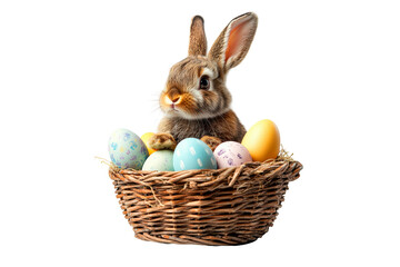 Cute bunny sits in a woven basket filled with colorful Easter eggs isolated on transparent background