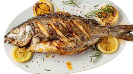 Grilled fish lying on white plate with lemon and rosemary on transparent background