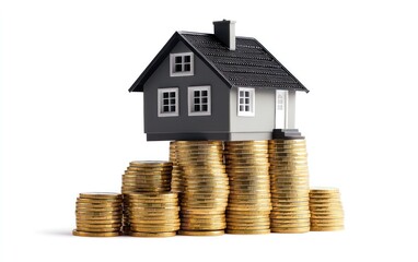 A small grey house model rests atop stacks of gold coins against a stark white background. The image symbolizes real estate investment, homeownership, or financial security