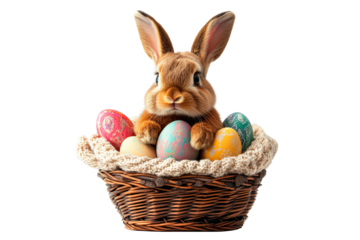 Cute bunny sits in a woven basket filled with colorful Easter eggs isolated on transparent background