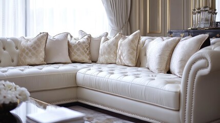 Luxurious Cream Sectional Sofa with Elegant Throw Pillows in Upscale Living Room
