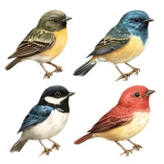 Fototapeta premium Illustrated depiction of four small birds in different colors displaying their unique characteristics together