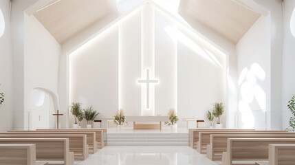 Modern minimalist church interior with wooden pews and illuminated cross