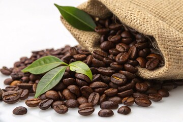 Fototapeta premium Roasted coffee beans spilling from burlap sack with green leaves