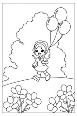 cute girl with balloons outline for coloring page