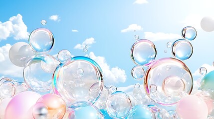 Sparkling Soap Bubbles Floating in a Sunny Sky Dreamy Pastel Colors Summer Background