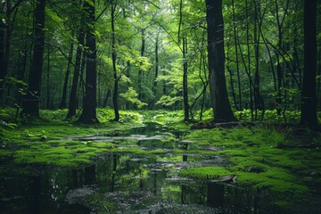 Obraz premium A tranquil forest path lined with towering trees and covered in moss, with a small stream reflecting the light, Vibrant shades of green contrasting with dark, damp surroundings