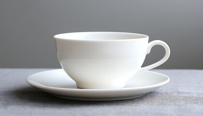White teacup saucer table grey background