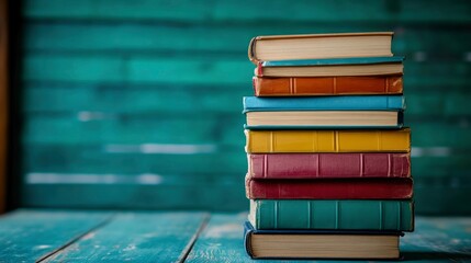 Stack of Vintage Books on Rustic Wooden Table