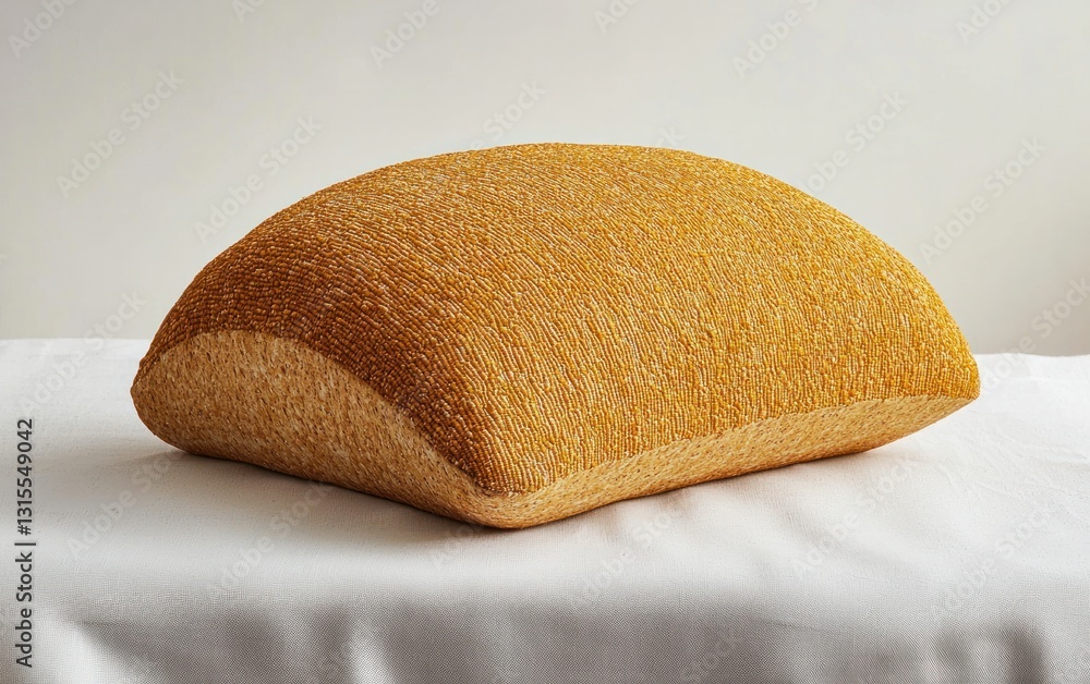Poster golden textured object resembling a pillow rests on a white fabric surface against a white backgroun
