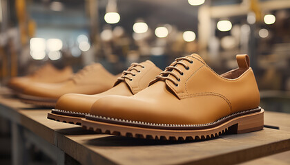 Handcrafted leather shoes displayed in a workshop highlighting artisanal craftsmanship