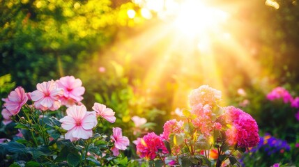 Obraz premium Bright Garden View with Sunlight and Blooming Flowers