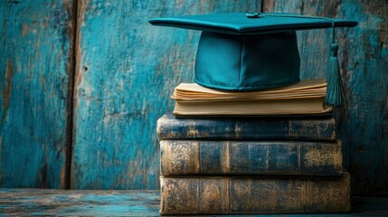 Graduation Cap Atop Stack of Antique Books on Rustic Wooden Background