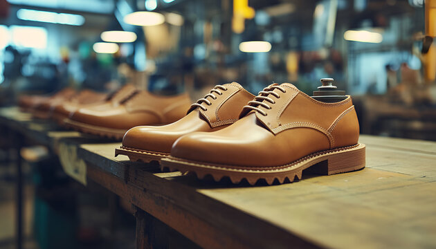 Handcrafted leather shoes displayed in a workshop highlighting artisanal craftsmanship - Powered by Adobe