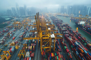 Aerial view of a busy shipping port with stacked cargo containers