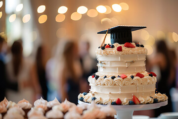 celebration cakes, a chic graduation cake with a mini cap and diploma, alongside smiles and hopes for the future, celebrating a milestone