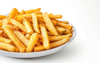 A plate of golden french fries on a white background. The fries are seasoned and appear crispy. The image is simple and clean, focusing on the food