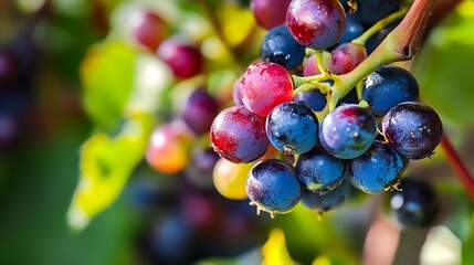 Realistic close-up of a cluster of colorful, ripe berries on the vine, with detailed textures & soft, natural light, blurred, garden background
