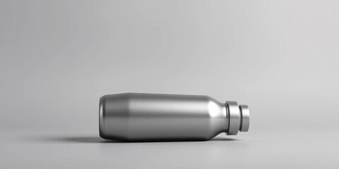 Sleek silver water bottle rests on a neutral grey background, chrome, wellness
