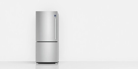 Sleek stainless steel refrigerator, minimalist design, white backdrop, domestic, clean