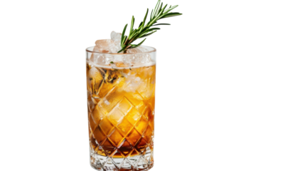 Refreshing golden cocktail with ice and rosemary on transparent background