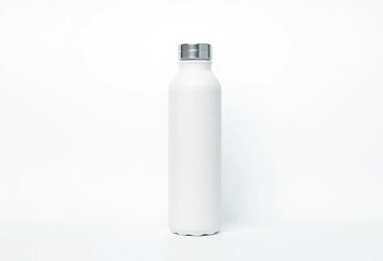 Sleek white reusable water bottle; minimalist design, clean lines, sport, nature