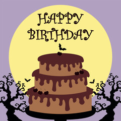 Vector Happy Birthday cute chocolate cake card.  Vector flat simple birthday cake card. Happy birthday with scary trees and bats and full night moon