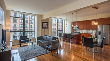 Open-concept living space with a combination of kitchen, dining, and lounge areas, featuring modern furniture