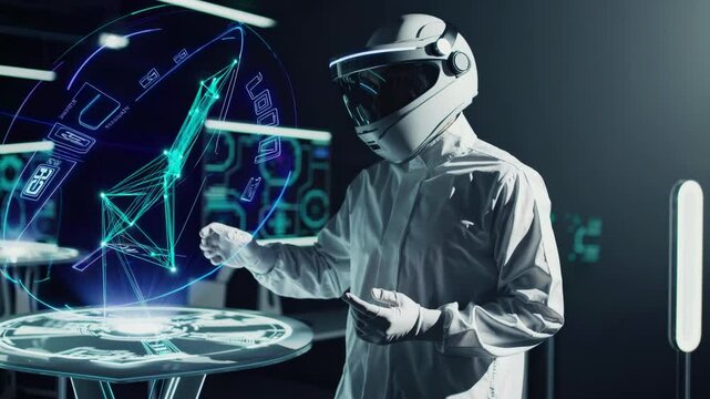 Scientist wearing futuristic visor interacting with hologram interface in laboratory