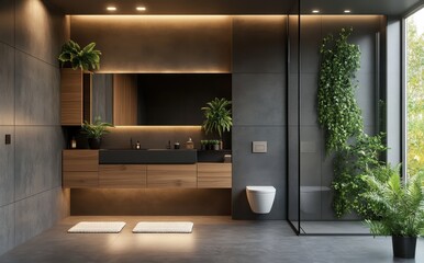 Fototapeta premium Modern minimalist bathroom design featuring natural elements and sleek finishes, with an emphasis on greenery and advanced lighting techniques for ambiance