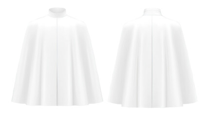 White cape mockup, front & back views, plain background, apparel design