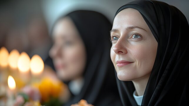 Portrait of young nun in prayerful contemplation in Catholic Sisters Week with candlelight around