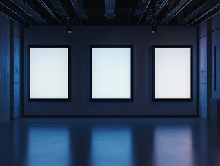 Blank exhibition panels with black frames in a dark hall, illuminated and cleanly designed for presentations or displays 3D Rendering