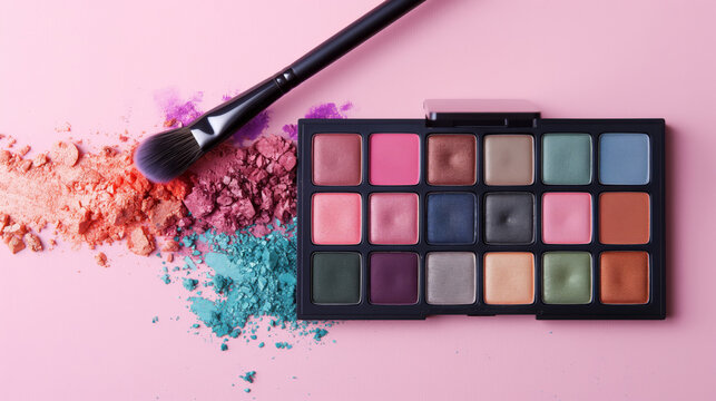 Colorful eyeshadow palette with brush on pink background