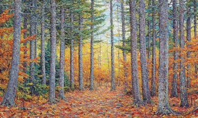 Obraz premium Autumnal forest path, sunlit trees, leaf-covered ground, nature scene, peaceful background, ideal for calendar, poster