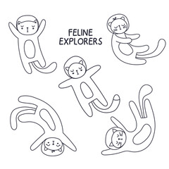 Cute cats in spacesuits floating in cosmic space. Hand-drawn outline vector illustration. Simple and trendy design with a naive charm. Isolated on a white background