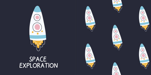 Seamless pattern and poster with a cosmic rocket. Hand-drawn vector illustration