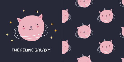Seamless pattern and poster with a pink cute cat as a galactic planet. Hand-drawn vector illustration. Trendy and simple design. Perfect for kids' projects, textiles, or space-themed decor