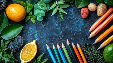 Vibrant Colored Pencils Fresh Citrus Fruits Surrounded by Lush Green Foliage on a Dark Blue