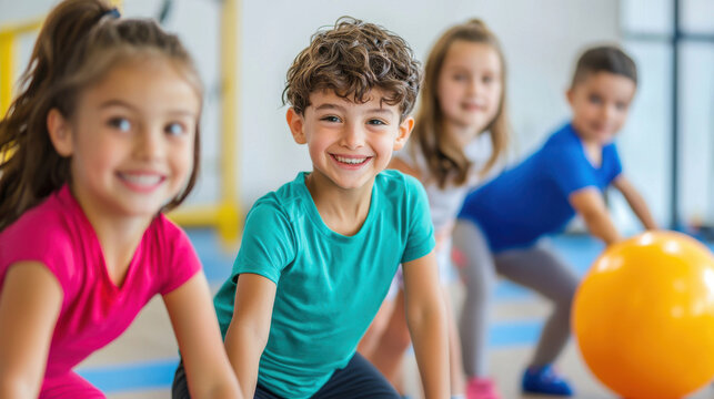 Engaging children participating in fitness class, showcasing teamwork and joy