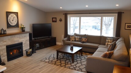 Renovated family room with fresh, neutral colors, new furniture, and updated lighting in a cozy layout