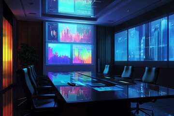 Business meeting room with financial data graphs on screen and hologram overlay