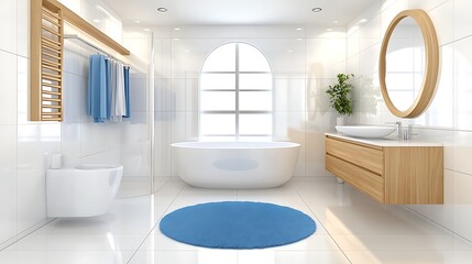 Modern Bathroom Interior Design White Tiles Freestanding Tub Wooden Vanity and Round Mirror