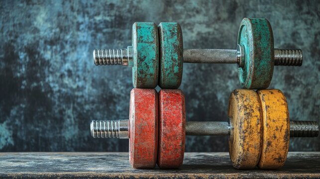 Vintage Dumbbells Stacked on Rustic Wood - Strength Training and Fitness Concept