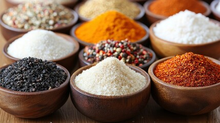 Assortment of Spices and Seasonings in Wooden Bowls
