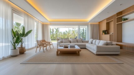 Renovation of a spacious living room with new flooring, modern furniture, and decorative elements