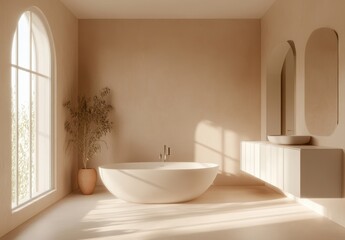 Modern minimalist bathroom with natural light, freestanding bathtub, elegant decor, and soothing neutral tones highlighting relaxation and tranquility