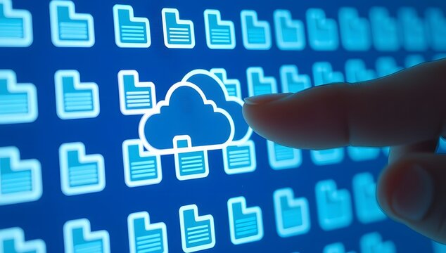 Business Database and Cloud Backup Technology with Cloud Storage and File Icons Managed by Businessman Touching Cloud Computing Icon