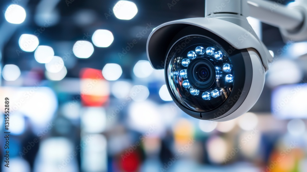 Poster close-up of security camera in bright tech fair setting